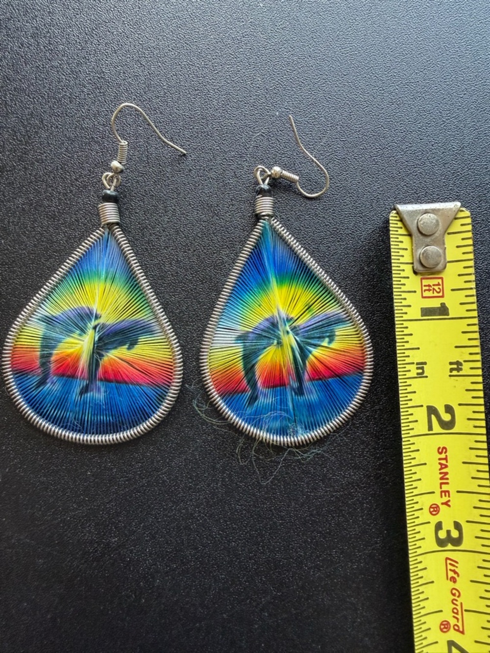 Colorful Dolphin Teardrop Thread Earrings - Vibrant Blue, Yellow & Red